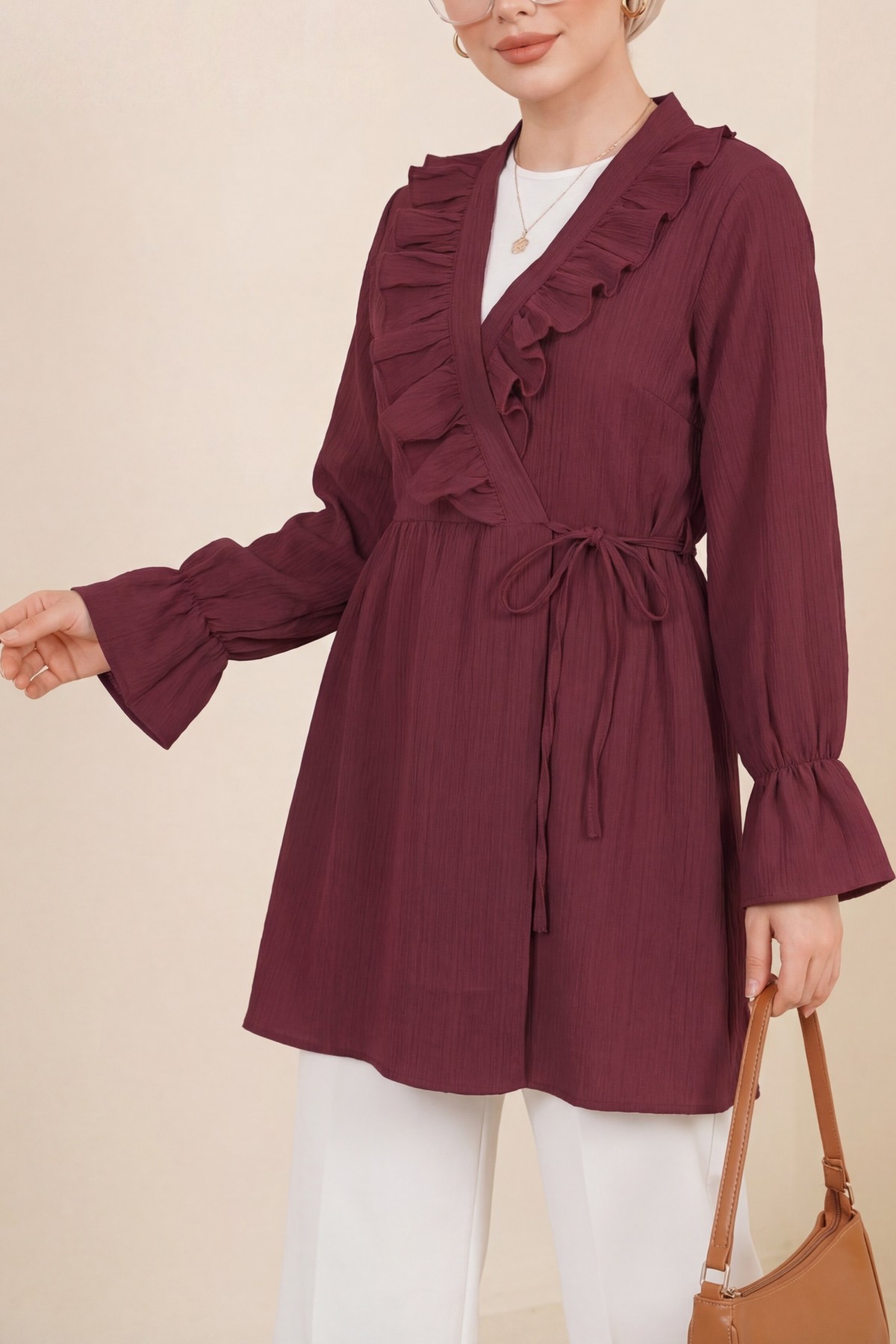 Crinkle Kimono with Ruffle Front Tie -Maroon detay görseli