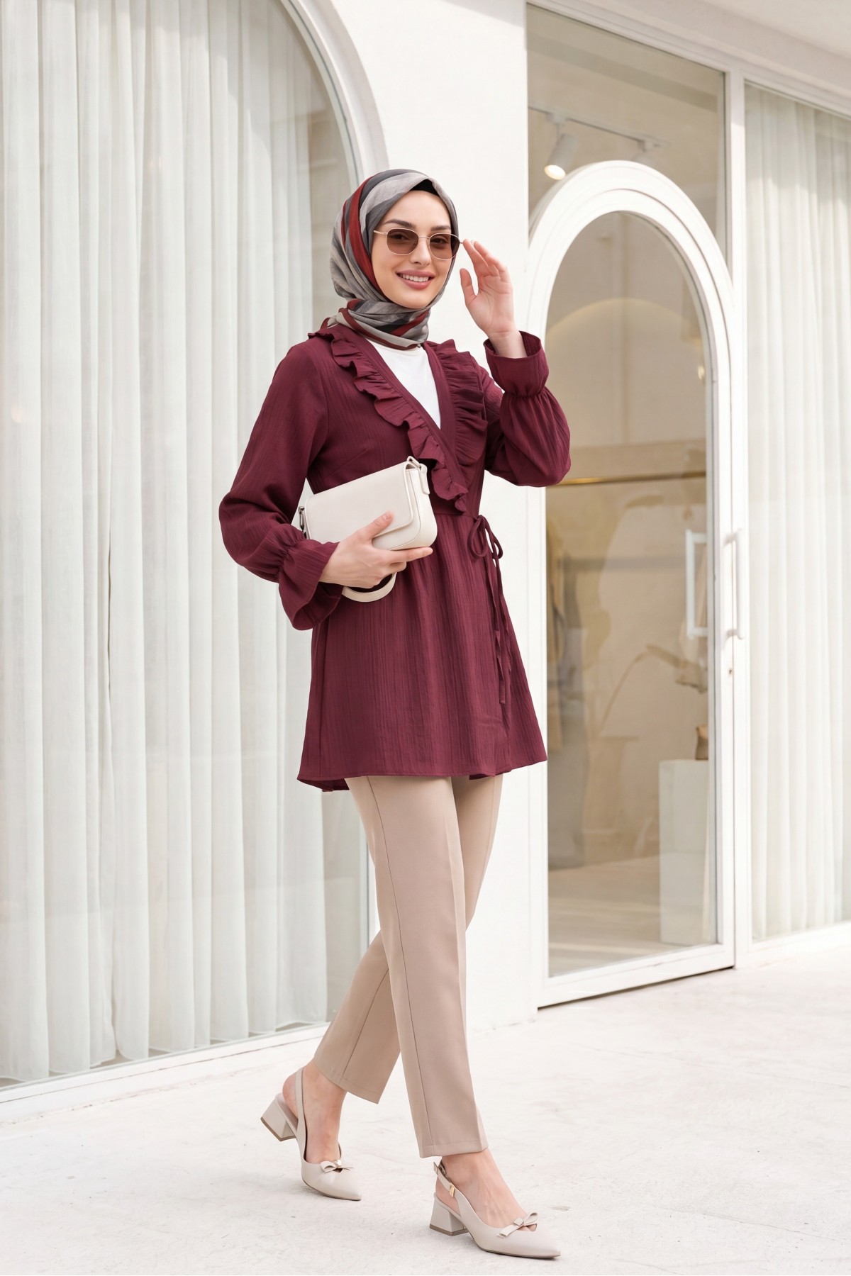 Crinkle Kimono with Ruffle Front Tie -Maroon