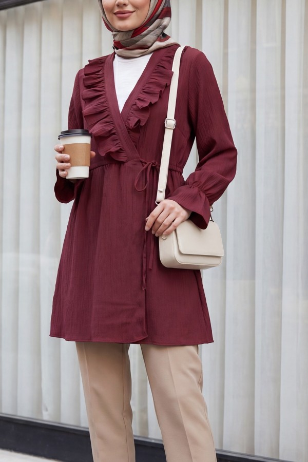 Önü Fırfırlı Bağlamalı Krinkıl Kimono -Bordo