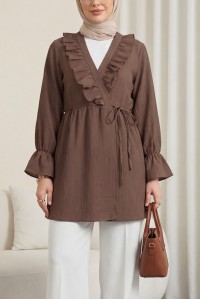 Önü Fırfırlı Bağlamalı Krinkıl Kimono -Kahve