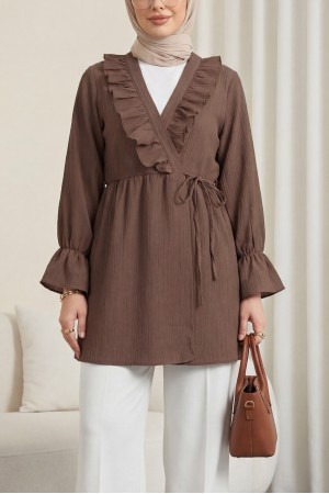 Önü Fırfırlı Bağlamalı Krinkıl Kimono -Kahve