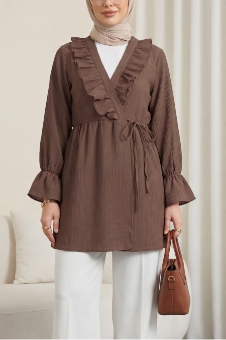Önü Fırfırlı Bağlamalı Krinkıl Kimono -Kahve