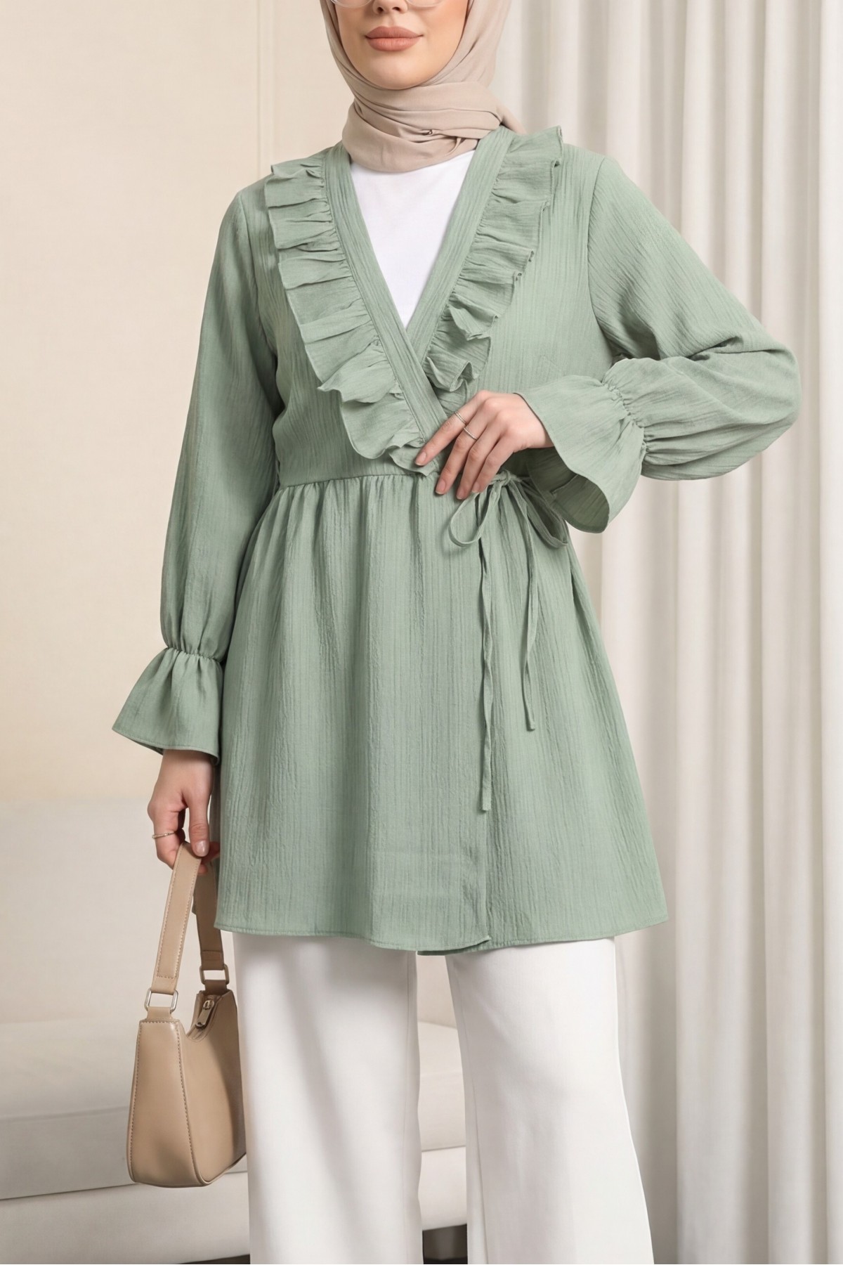 Crinkle Kimono with Ruffle Front Tie -Mint Color