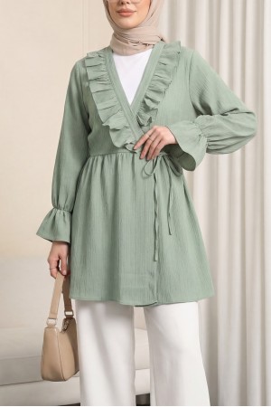 Önü Fırfırlı Bağlamalı Krinkıl Kimono -Mint