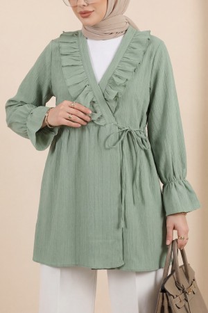 Önü Fırfırlı Bağlamalı Krinkıl Kimono -Mint