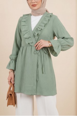 Önü Fırfırlı Bağlamalı Krinkıl Kimono -Mint