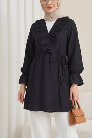 Önü Fırfırlı Bağlamalı Krinkıl Kimono -Siyah