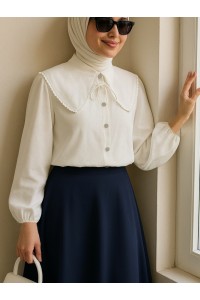 Bebe Yaka Dantelli Kolu Lastikli Gömlek -Beyaz