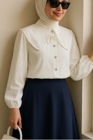 Bebe Yaka Dantelli Kolu Lastikli Gömlek -Beyaz