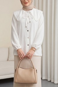 Bebe Yaka Dantelli Kolu Lastikli Gömlek -Beyaz