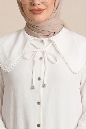 Bebe Yaka Dantelli Kolu Lastikli Gömlek -Beyaz