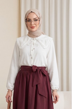 Bebe Yaka Dantelli Kolu Lastikli Gömlek -Beyaz