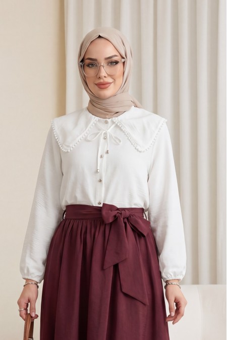 Bebe Yaka Dantelli Kolu Lastikli Gömlek -Beyaz