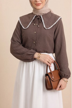 Bebe Yaka Dantelli Kolu Lastikli Gömlek -Kahve