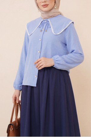 Bebe Yaka Dantelli Kolu Lastikli Gömlek -Mavi