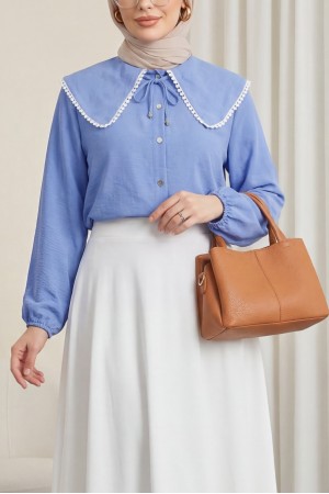 Bebe Yaka Dantelli Kolu Lastikli Gömlek -Mavi