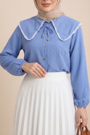 Bebe Yaka Dantelli Kolu Lastikli Gömlek -Mavi