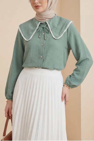 Bebe Yaka Dantelli Kolu Lastikli Gömlek -Mint