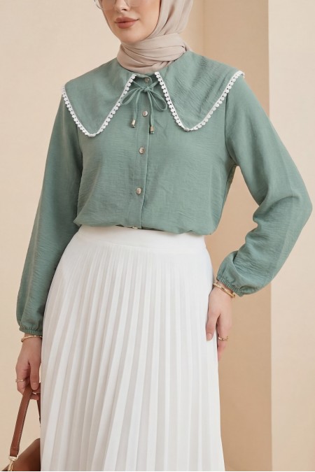 Bebe Yaka Dantelli Kolu Lastikli Gömlek -Mint