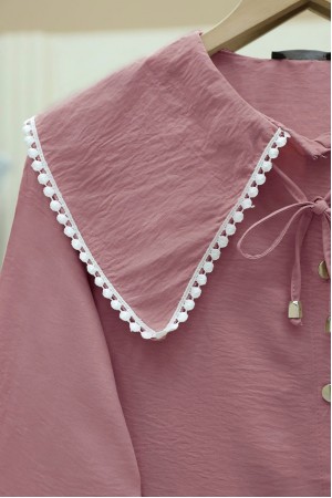 Bebe Yaka Dantelli Kolu Lastikli Gömlek -Pudra