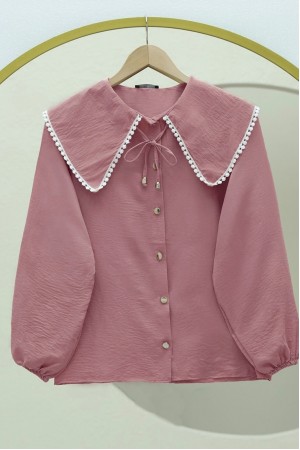 Bebe Yaka Dantelli Kolu Lastikli Gömlek -Pudra