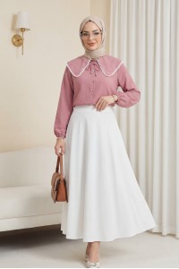 Bebe Yaka Dantelli Kolu Lastikli Gömlek -Pudra