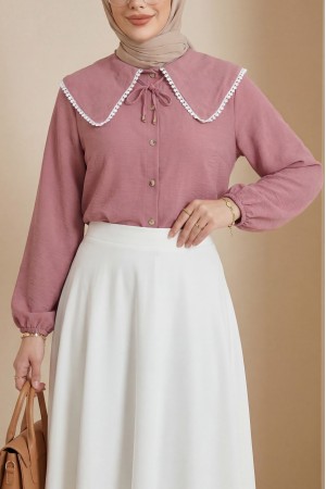 Bebe Yaka Dantelli Kolu Lastikli Gömlek -Pudra