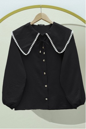 قميص أطفال بأكمام مرنة مزين بالدانتيل -أسود