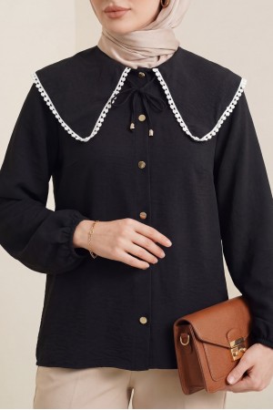 Bebe Yaka Dantelli Kolu Lastikli Gömlek -Siyah