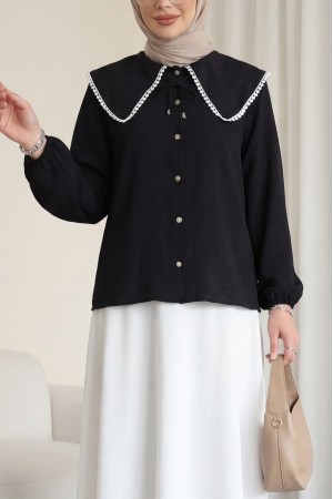 Bebe Yaka Dantelli Kolu Lastikli Gömlek -Siyah