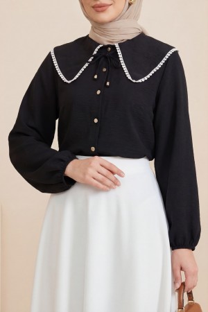 Bebe Yaka Dantelli Kolu Lastikli Gömlek -Siyah