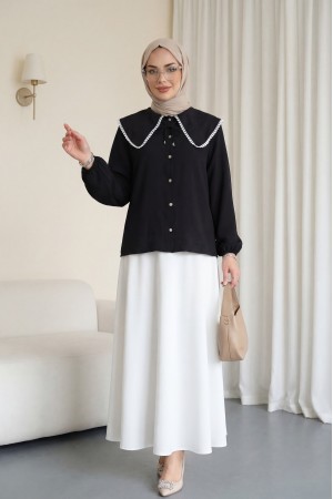 Bebe Yaka Dantelli Kolu Lastikli Gömlek -Siyah