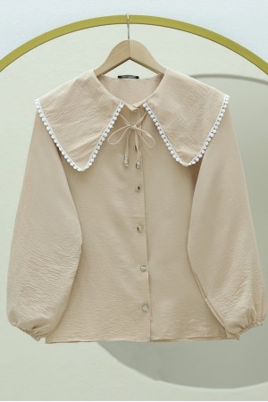 Bebe Yaka Dantelli Kolu Lastikli Gömlek -Vizon