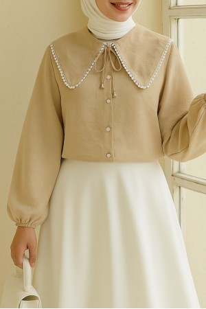 قميص أطفال بأكمام مرنة مزين بالدانتيل -تدرجات البيج