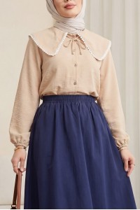 Bebe Yaka Dantelli Kolu Lastikli Gömlek -Vizon