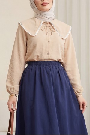 Bebe Yaka Dantelli Kolu Lastikli Gömlek -Vizon