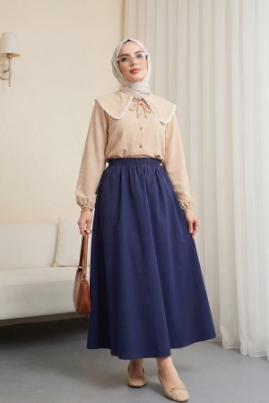 Bebe Yaka Dantelli Kolu Lastikli Gömlek -Vizon