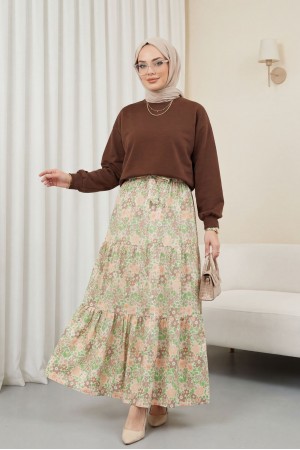 Floral Patterned Belted Two Piece Suit  -Brown
