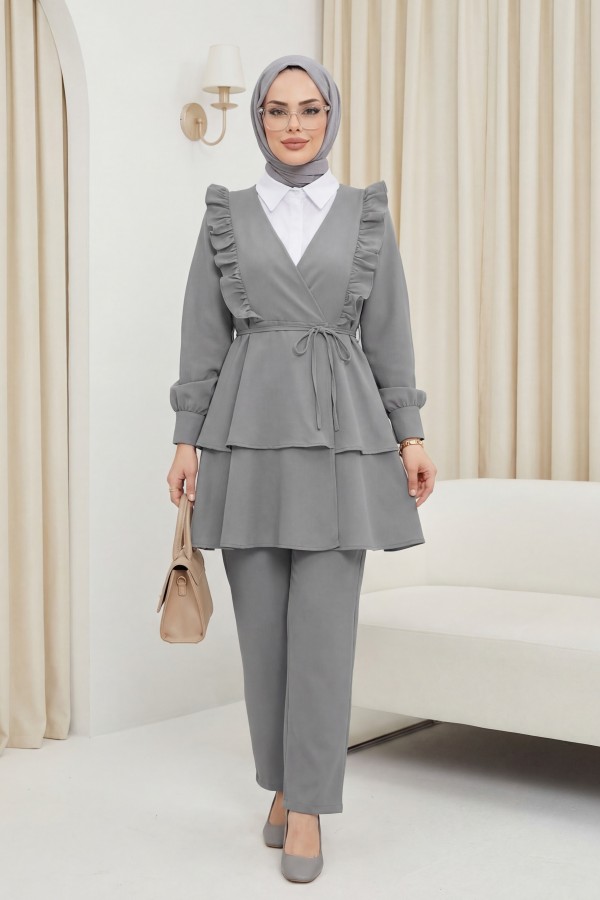 Önü Fırfırlı Bağcıklı Eteği Katlı Pantolonlu Kimono Takım  -Gri
