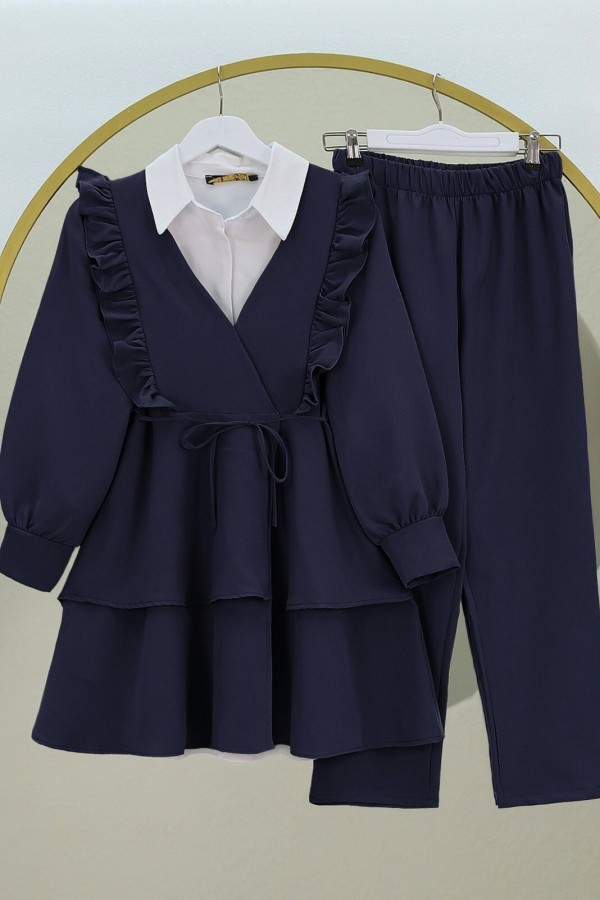 Kimono Set with Frilled Front Laced Skirt and Layered Trousers  -Navy blue