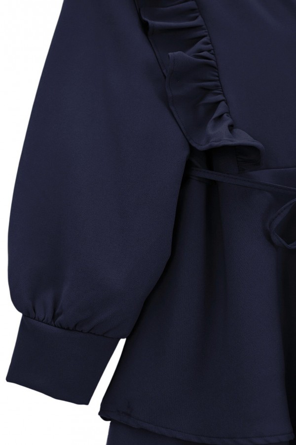 Kimono Set with Frilled Front Laced Skirt and Layered Trousers  -Navy blue