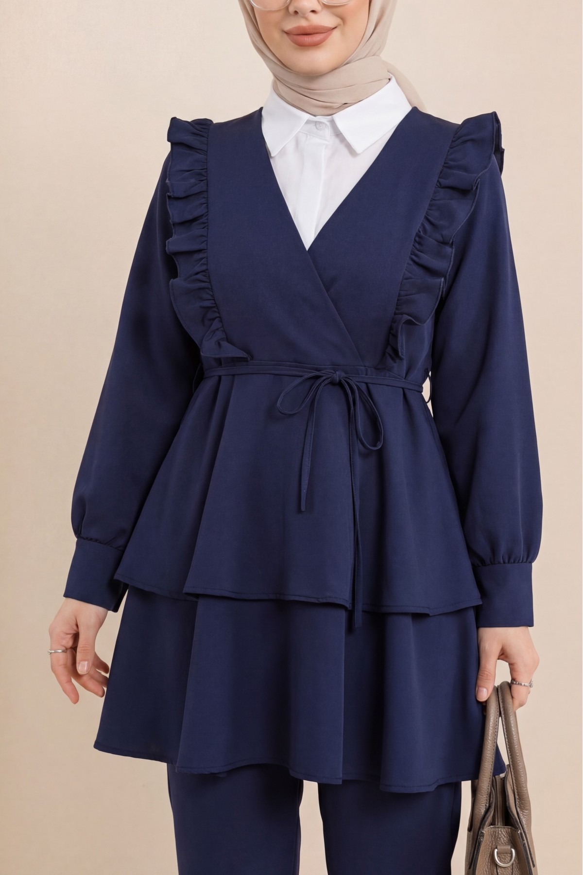 Önü Fırfırlı Bağcıklı Eteği Katlı Pantolonlu Kimono Takım  -Laci