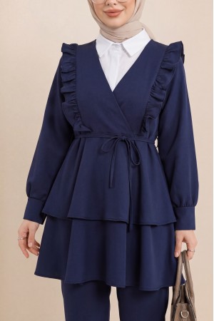 Önü Fırfırlı Bağcıklı Eteği Katlı Pantolonlu Kimono Takım  -Laci