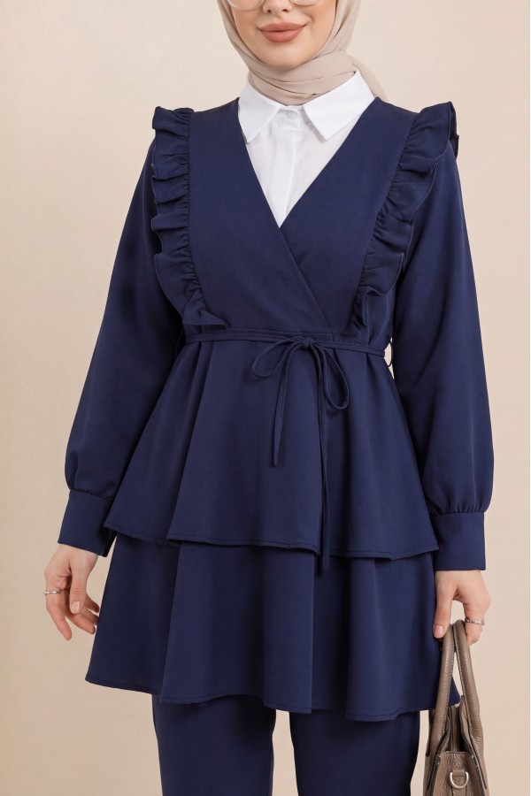 Önü Fırfırlı Bağcıklı Eteği Katlı Pantolonlu Kimono Takım  -Laci