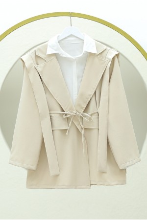 Cep Detaylı Beli Bağlamalı Ceket -Bej