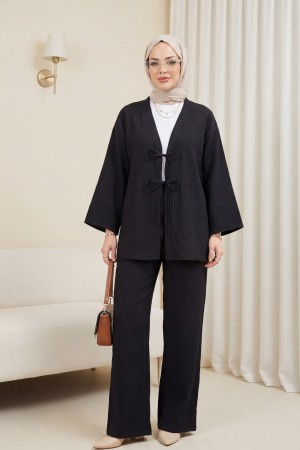 Önü Çift Bağcıklı Pantolonlu Krınkıl Takım  -Siyah