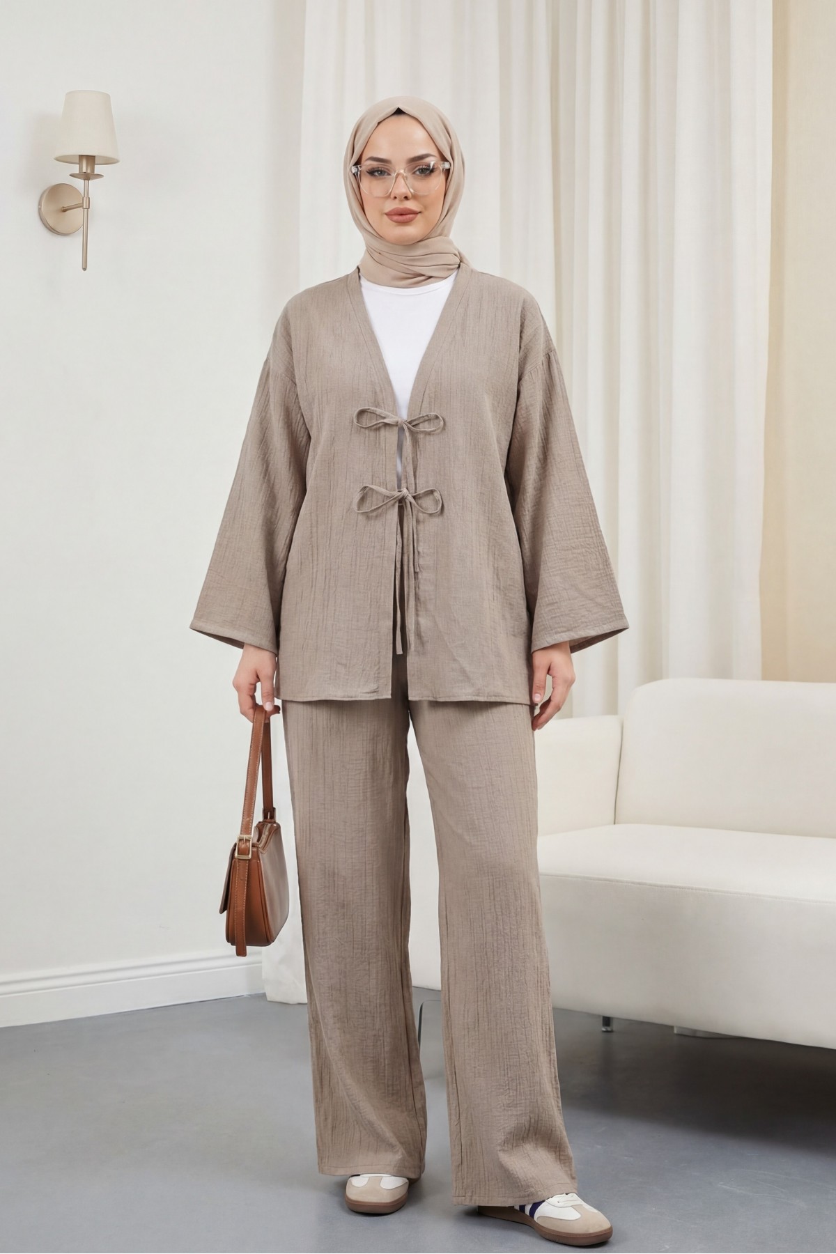 Crinkle Suit with Double Laced Front Trousers  -Mink color
