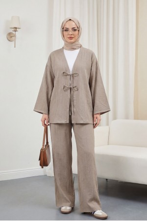 Önü Çift Bağcıklı Pantolonlu Krınkıl Takım  -Vizon