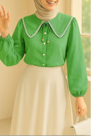 Bebe Yaka Dantelli Kolu Lastikli Gömlek  -Yeşil
