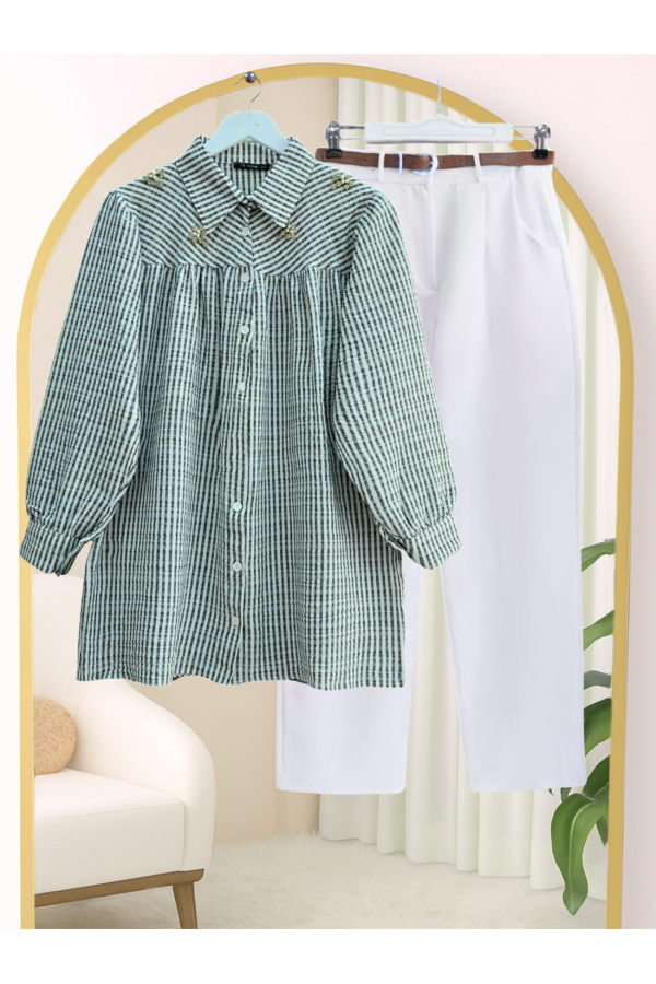 Striped Shirt with Stone and Bead Detail on Top -Black